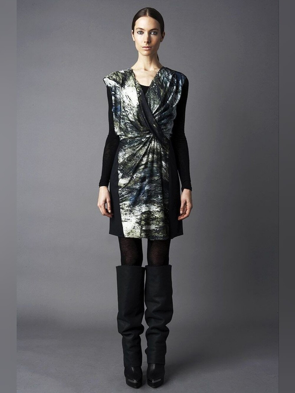 Helmut Lang Abstract Graphic Print Twist Front Silk Dress Size 4 Asymmetrical